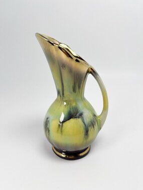 Vintage Jasba small ceramic pitcher / vase in green with gold edging